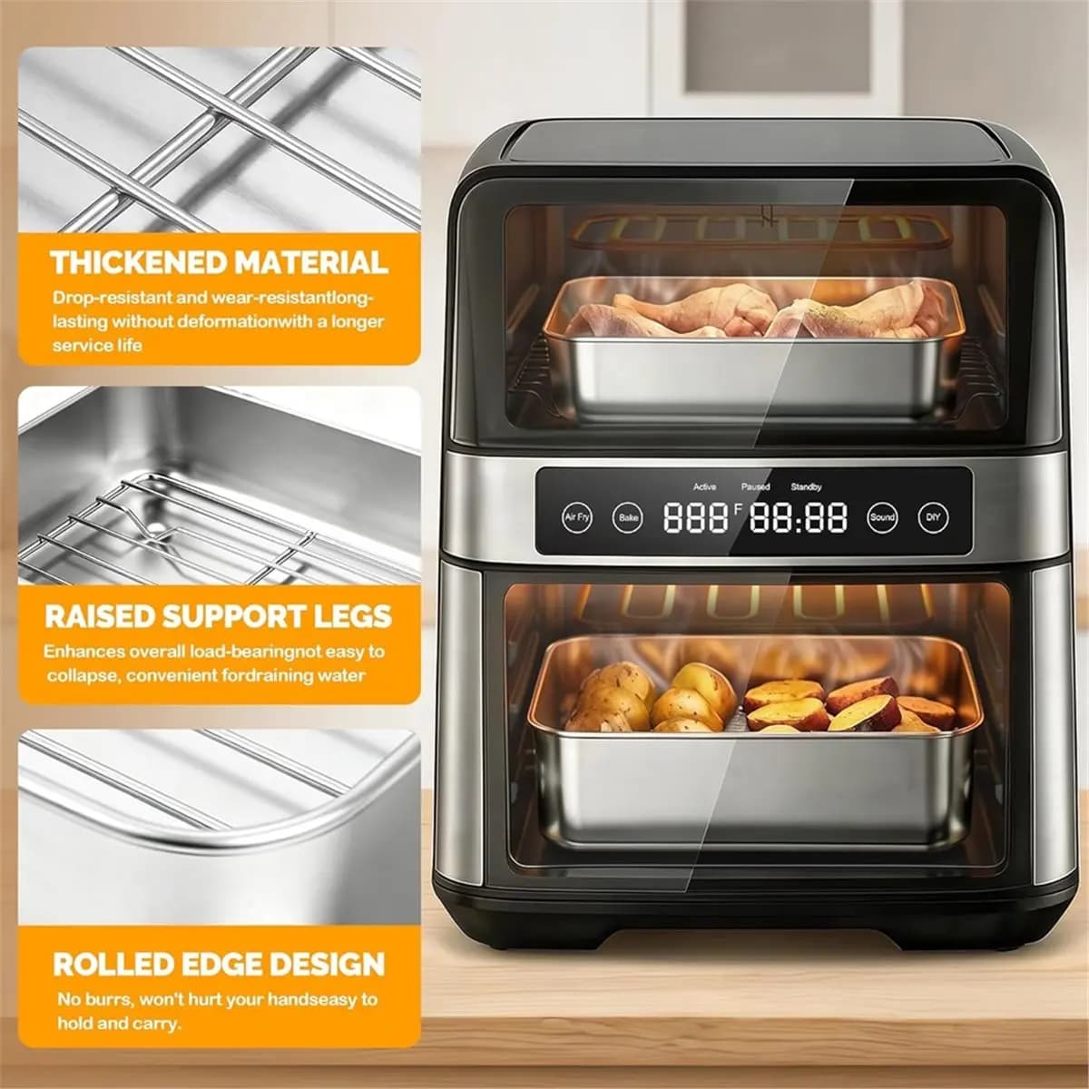 Set di 9 Accessori in Acciaio Inox per Friggitrice ad Aria, Compatibile con Friggitrici ad Aria a Doppio Cestello Rettangolare