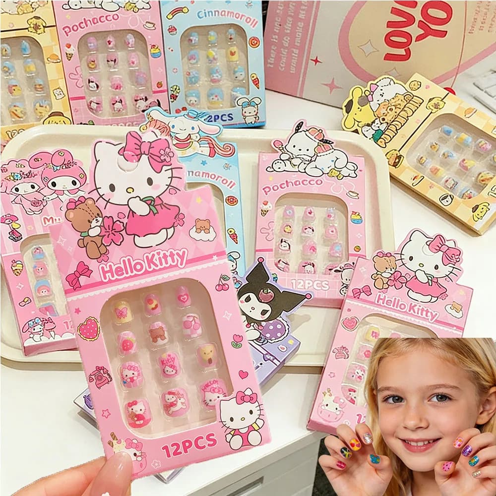 12 pcs/box Fake nails for children with cartoon characters Hello Kitty, Kuromi, Melody, fake nails for children, DIY, short and square fake nails for girls