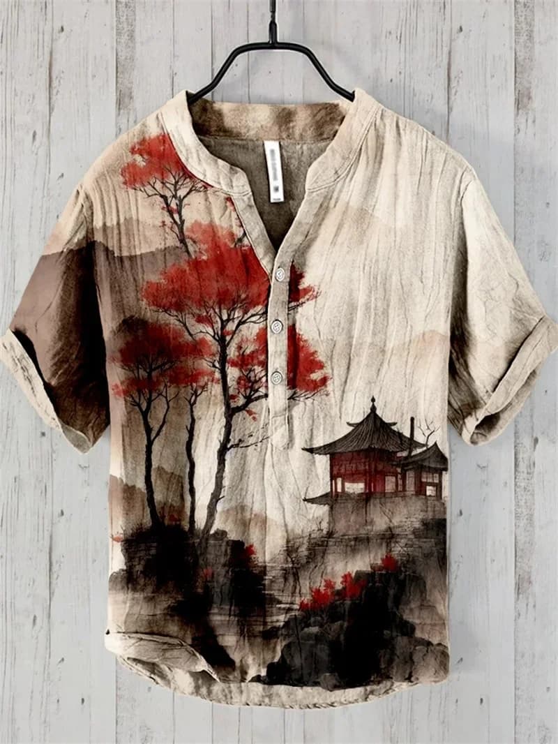Moda uomo nuovo stile 100% lino estate colletto alla coreana lino uomo stile cinese pittura di paesaggio maniche corte 2024 nuovo