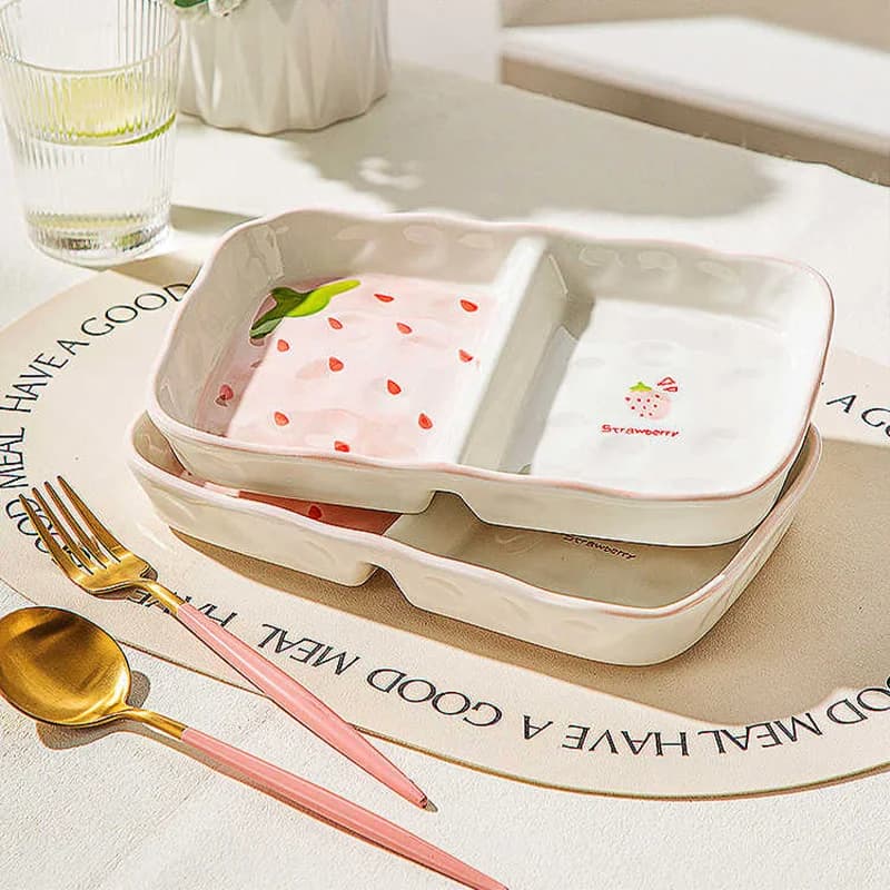 8.5 Inch Ceramic Dividing Plates for Adults Weight Loss 2~3 compartments Wind Cream Baby Plate Rectangular Stoves with Printing
