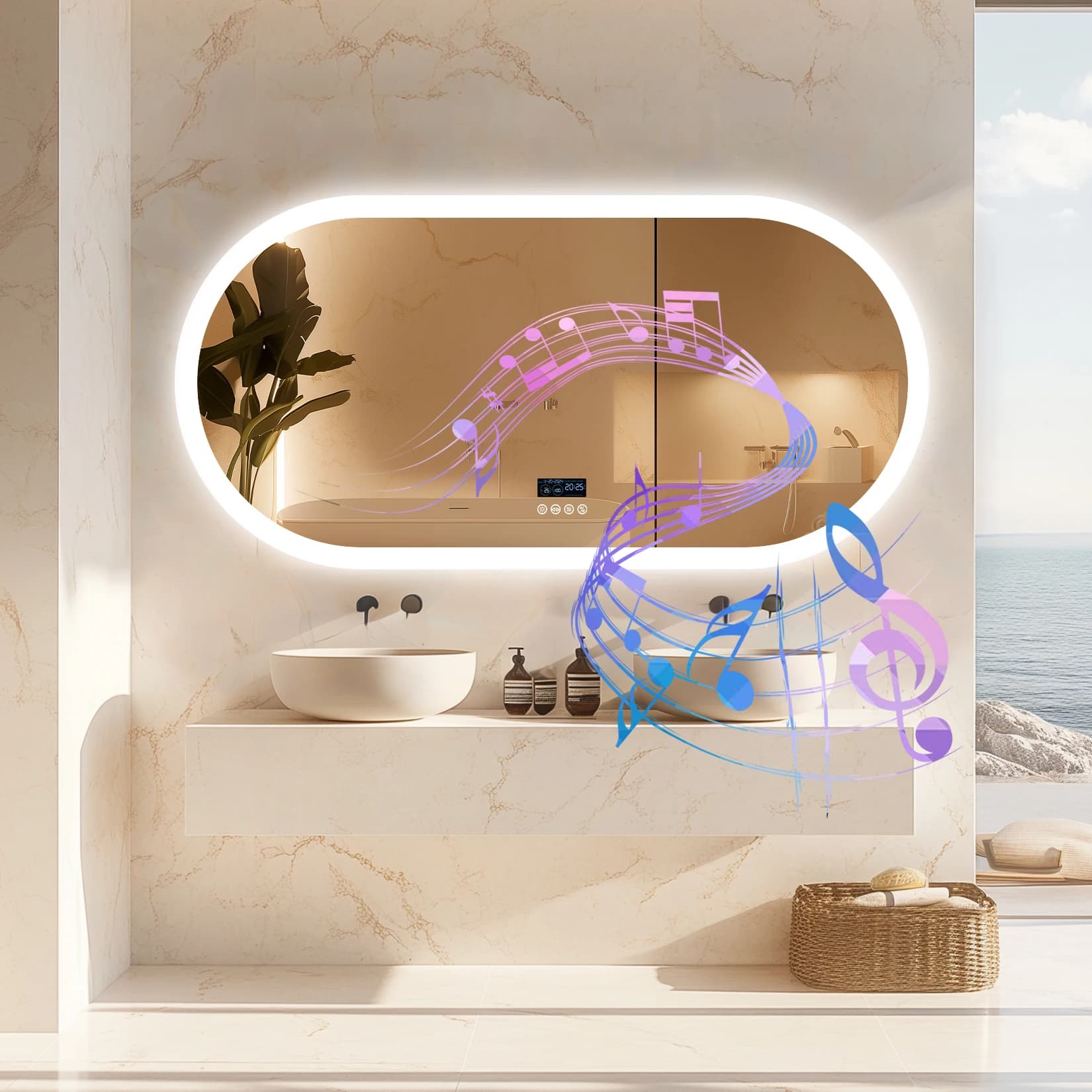 Specchio da bagno ovale a LED con altoparlante Bluetooth Specchio cosmetico da parete dimmerabile retroilluminato, display digitale, antiappannamento, 50x80 cm, 120x60 cm