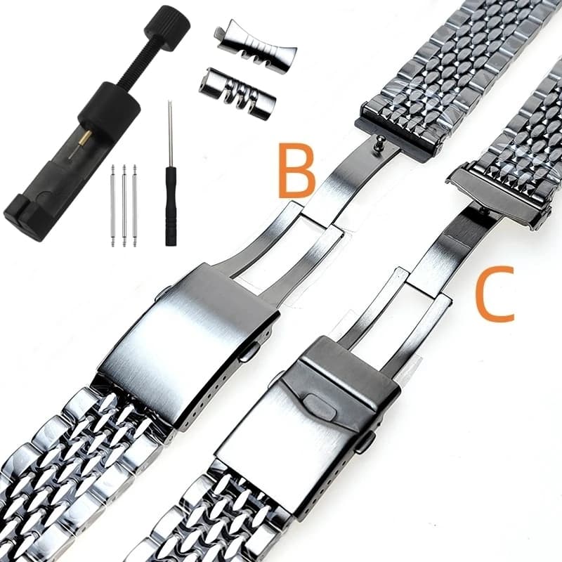 20 22mm 316L ‌Solid Stainless Steel Bracelet Adjustable Curved Flat Beads of Rice Watch Strap Fit For Seiko SKX Universal Band