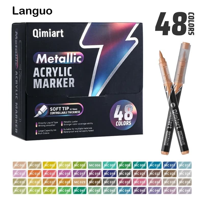 LANGUO 48 Pennarelli Metallici a Doppia/Singola Punta, Inchiostro Liquido Diretto, Senza Sbavature, Penne Gel Overlay, Punta Morbida, Articoli di Cancelleria per Scuola e Arte
