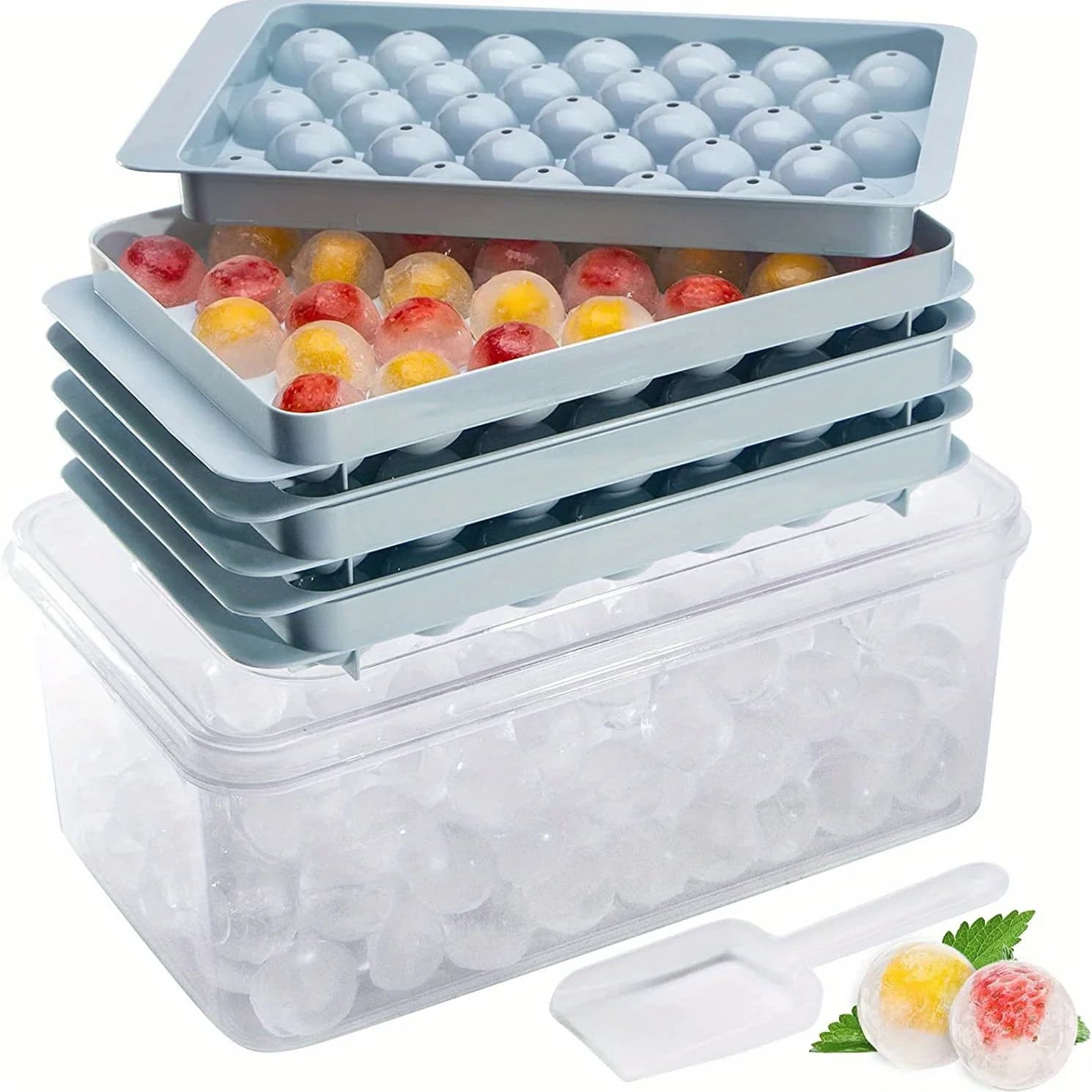 Stampi per palline di ghiaccio a 3 livelli con coperchio e contenitore 1 Set 99 vassoi per cubetti di ghiaccio flessibili per uso alimentare congelatore Ball Maker per bevande al Whisky