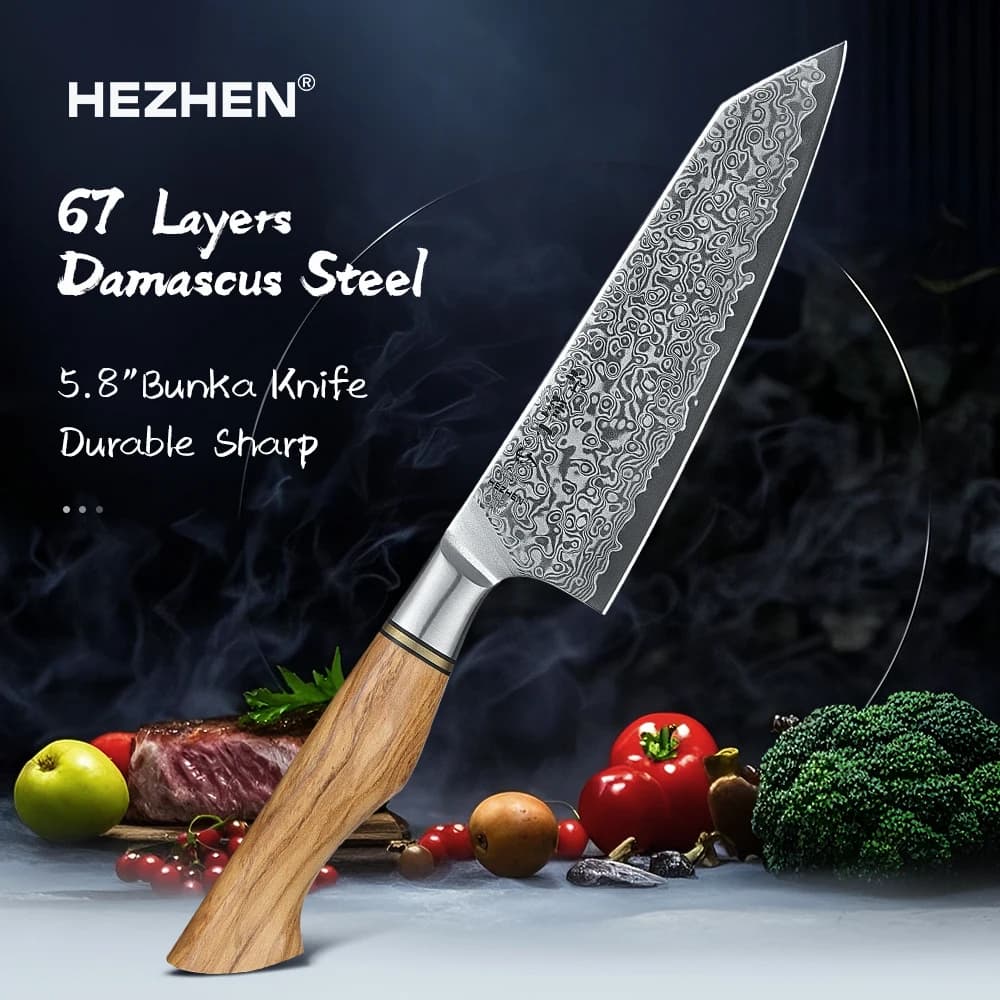 HEZHEN 5.8" Bunka Knife 67 layers Damascus Steel Outdoor Cooking Cutter Self-Defense 10Cr15CoMv Core Knife Kitchen Tools