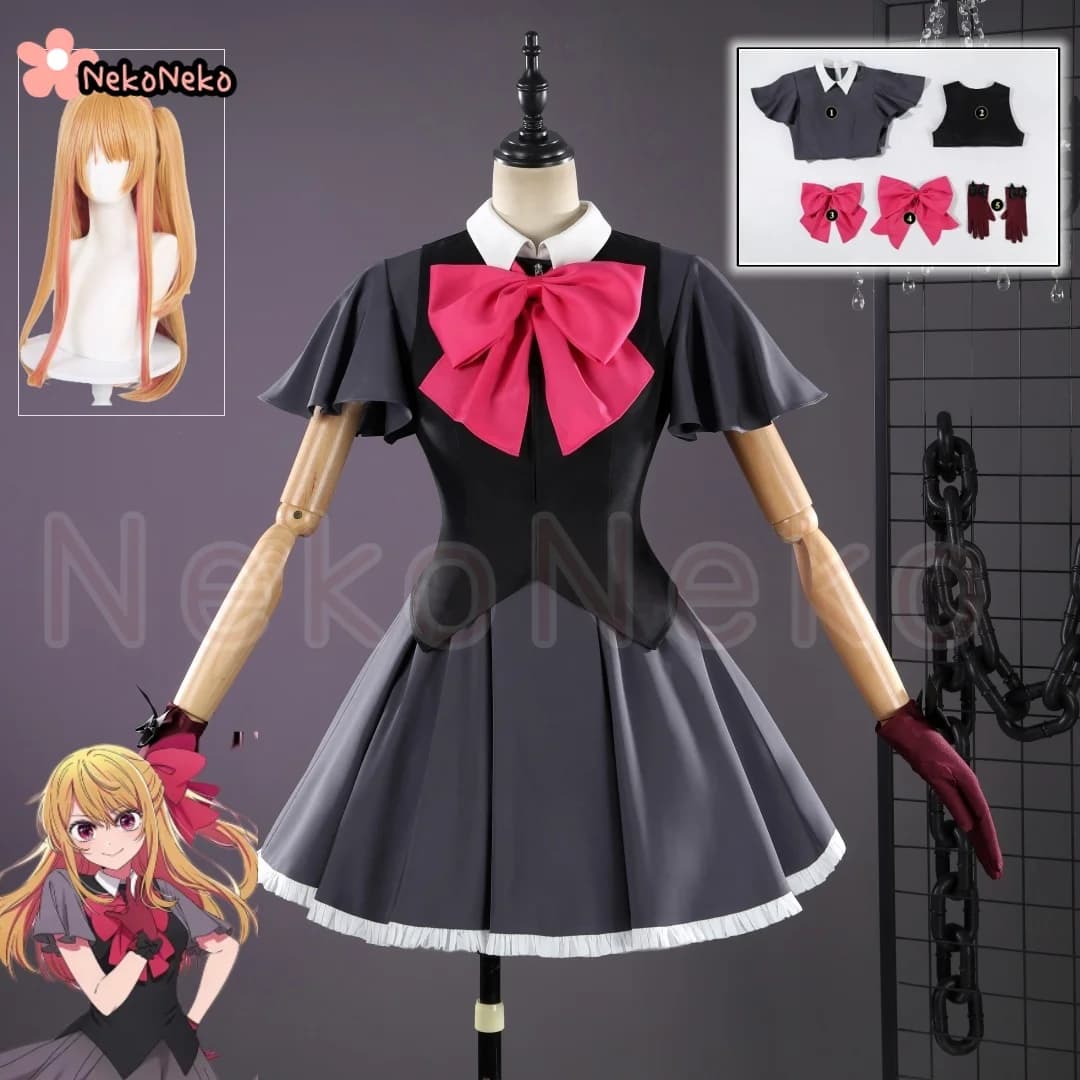 Costume Cosplay Anime Oshi No Ko Stagione 3 Ruby Hoshino, Abito Nero con Grande Fiocco e Accessori, Parrucca per Costume di Halloween