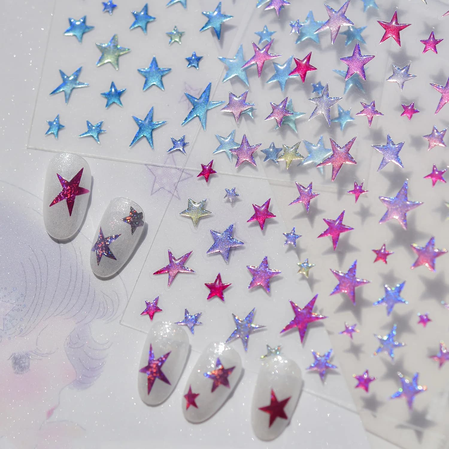 1 adesivo per unghie Kawaii con stelle colorate, adesivi per unghie con stelle in gelatina glitterate sfumate, adesivi autoadesivi per nail art per decorazione