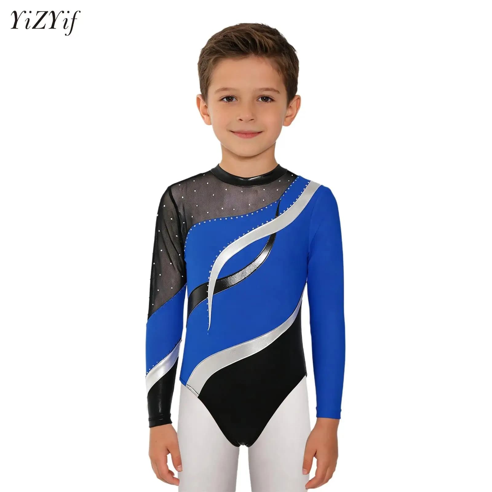 Body da Ginnastica Ritmica per Bambine con Strass Lucidi, Maniche Lunghe, Tuta da Balletto a Contrasto, Jumpsuit per Pattinaggio Artistico