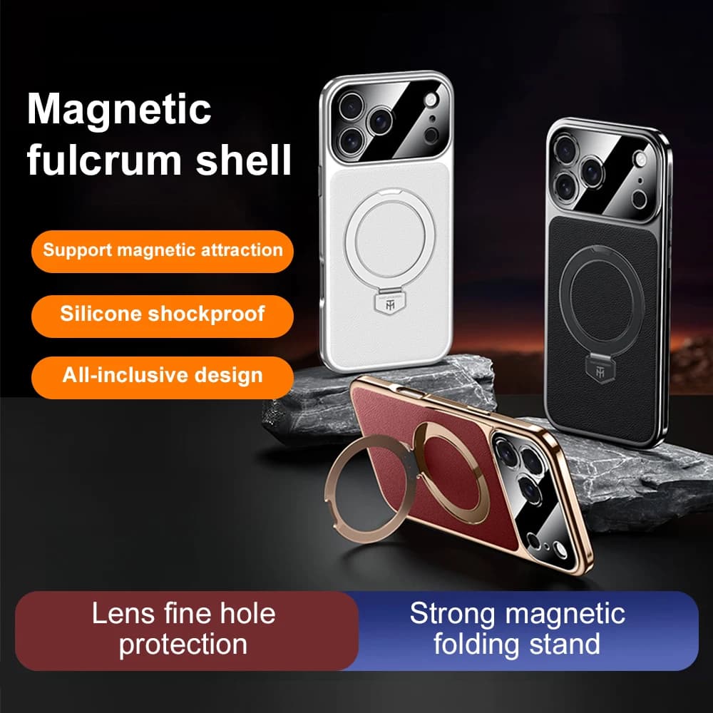 Custodia magnetica in metallo rotante in pelle tinta unita di lusso per iPhone 17 Pro Max 16 15 14 17Air Custodia protettiva per fotocamera con supporto