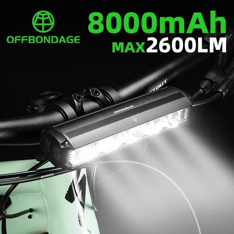 OFFBONDAGE Luce per bicicletta anteriore 2600 Lumen Luce per bici 8000mAh Torcia impermeabile Ricarica USB MTB Accessori per lampade per ciclismo su strada