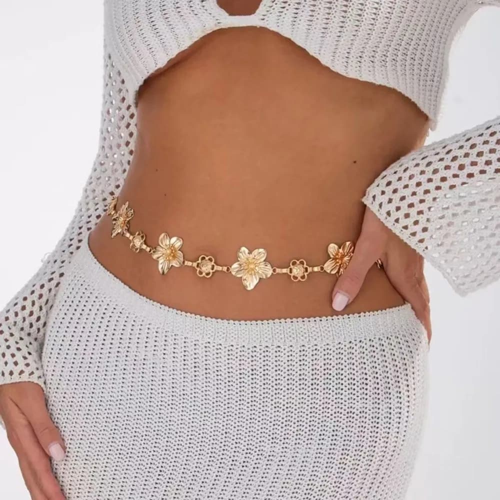 Fashion Adjustable Flower Body Chain Metal Charm Waist Chain Stylish Jewelry Bikini Belly Belt Women