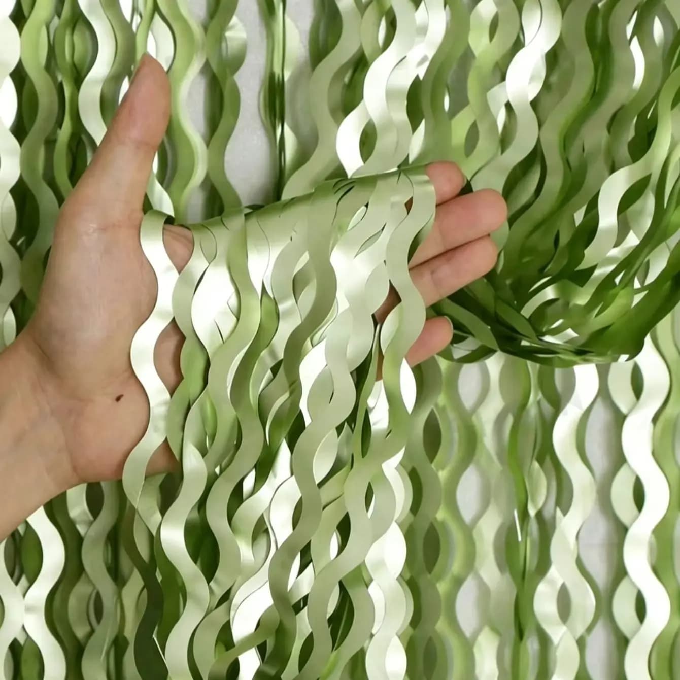 2PCS Sage Green Wavy Foil Fringe Curtain Metallic Tinsel Streamer Backdrop for Birthday Baby Shower Jungle Themed Party Decor