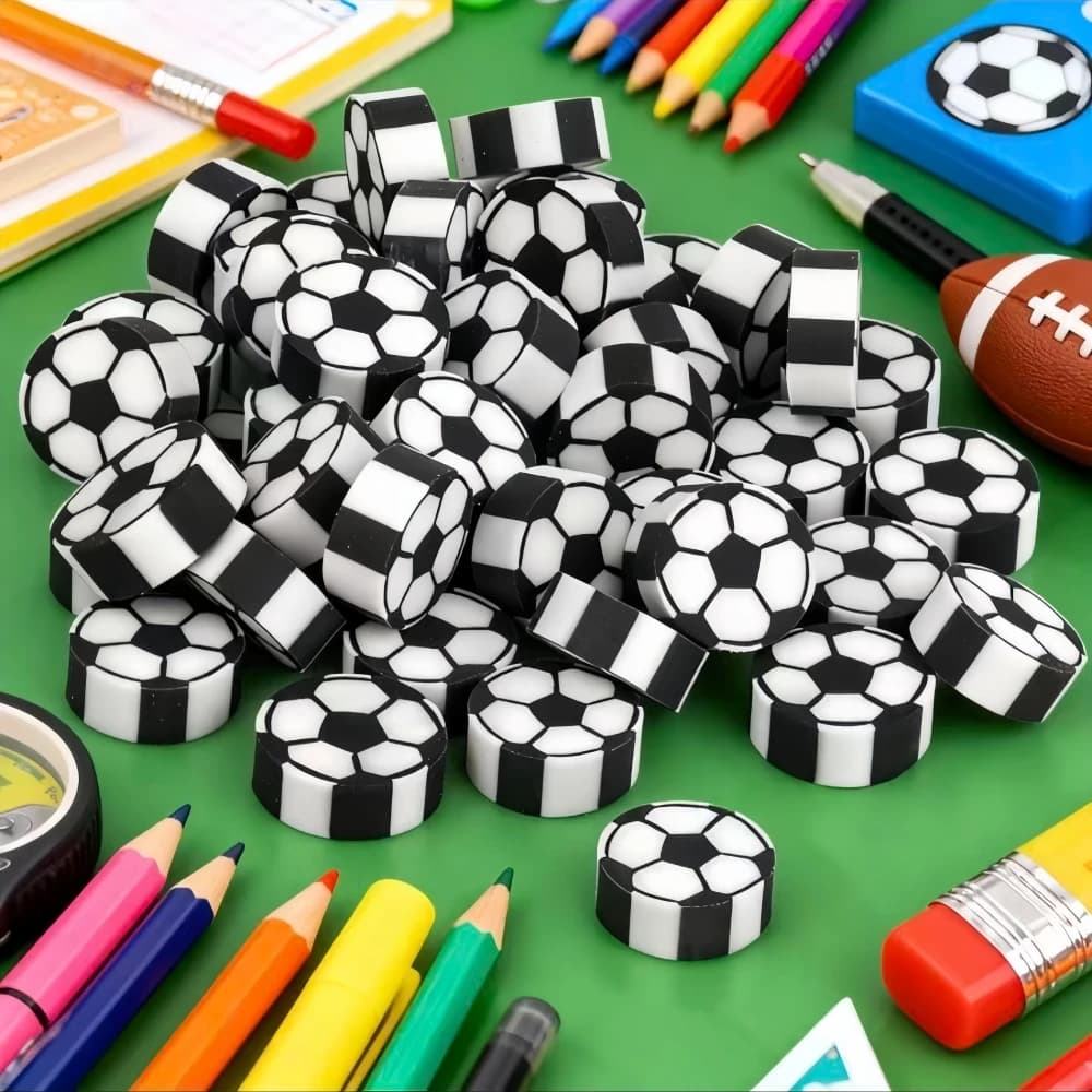 Gomma da cancellare con motivo calcio da 10-50 pezzi per regalo di carnevale di compleanno, scuola materna, calcio, premio per feste, confezione regalo