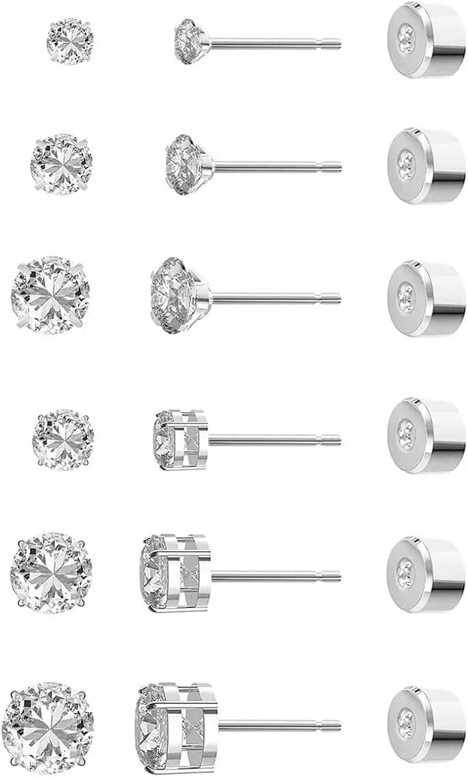 6 Pairs Hypoallergenic Flat Back Stud Earrings Surgical Stainless Steel 14K Gold Plated Cubic Zirconia Small Cartilage Studs for
