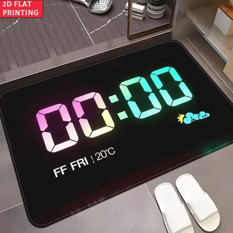 Tappeto d'ingresso con orologio elettronico e display digitale al neon, motivo numerico, decorazione moderna per la casa, tappetino di benvenuto morbido e antiscivolo
