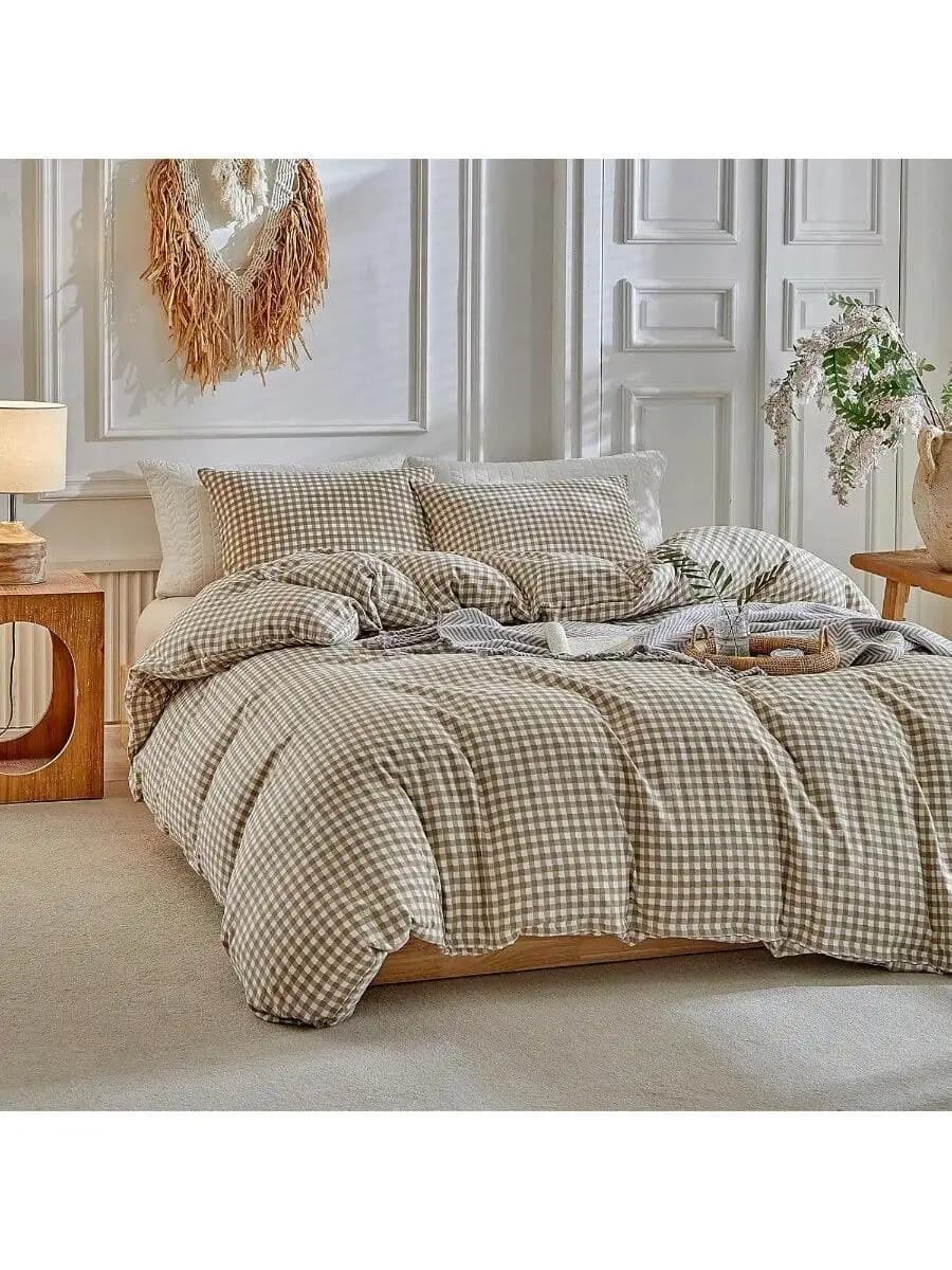 Tan Gingham Washed Microfiber Duvet Cover Set 3 Pieces Plaid Checkered Soft Reversible Bedding