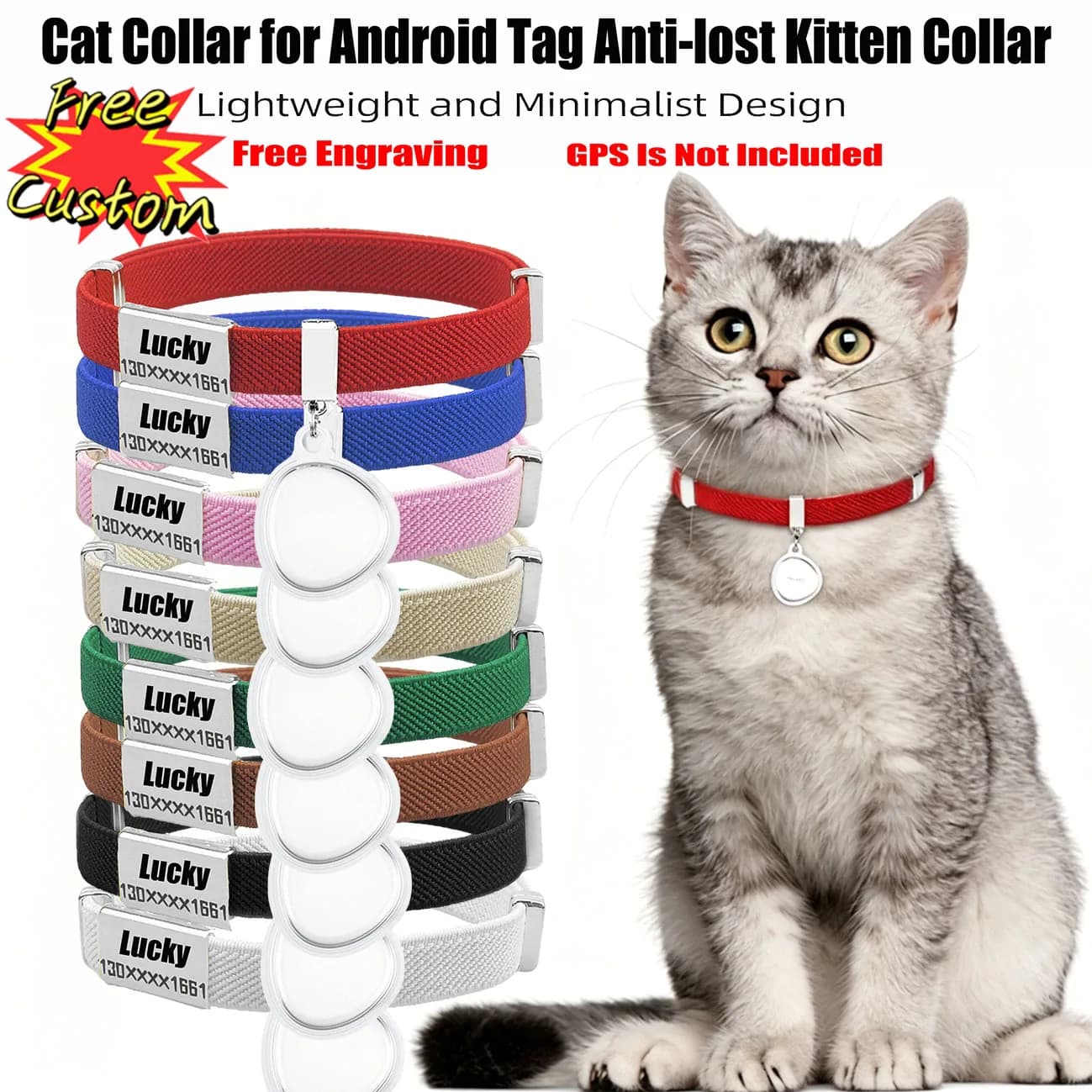 Customizable Pet ID Cat Collar for Huawei Android Tag Anti-lost Kitten Collar Adjustable Collar for Small Dogs No Inlcuded GPS