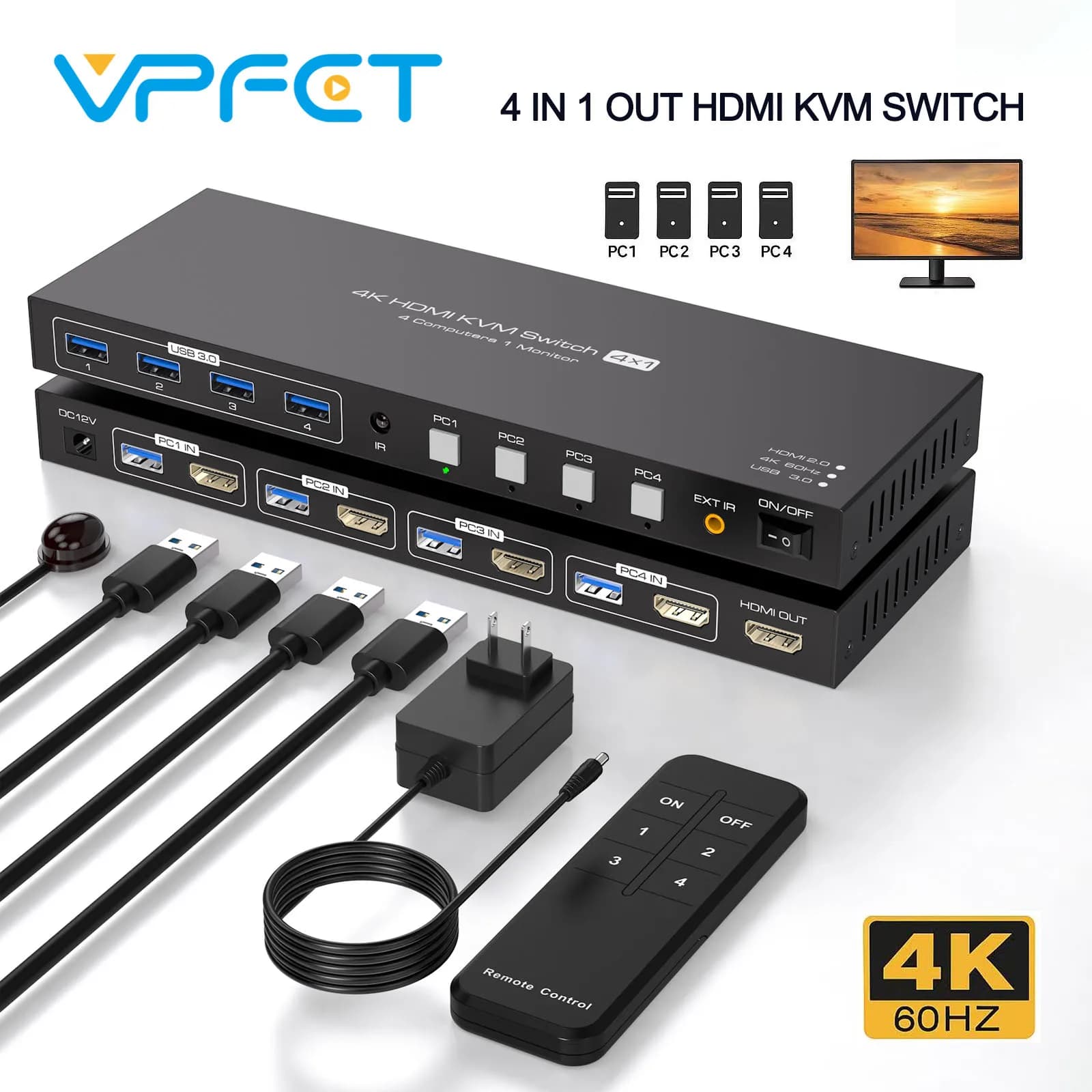 Switch KVM HDMI 1 monitor 4 computer Switcher KVM 4K a 60 Hz 4 PC Condividi 1 monitor e quattro dispositivi USB 3.0 Mouse Tastiera Stampante