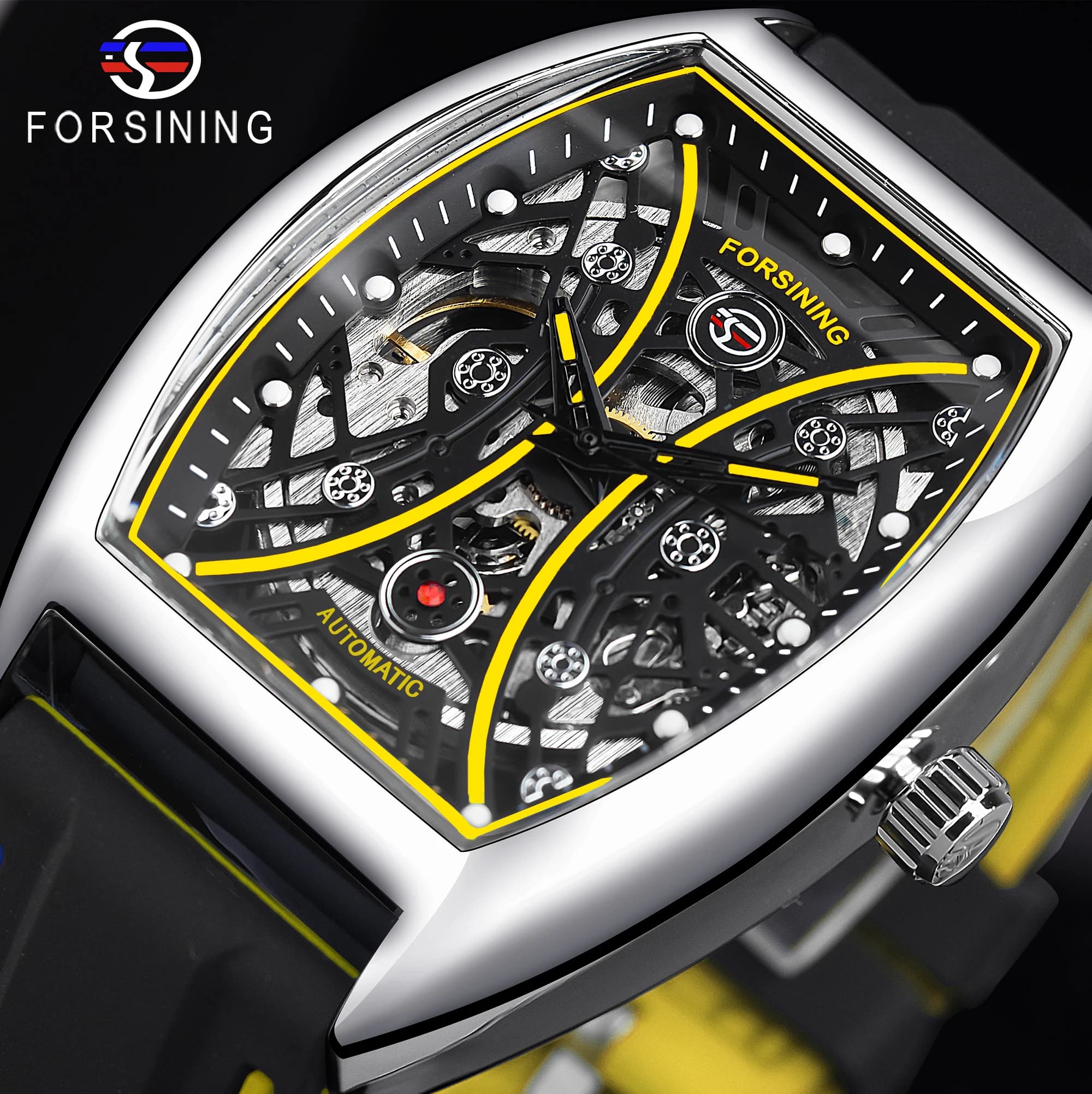 Forsining Skeleton Orologio da polso in argento giallo a carica automatica Orologio militare meccanico da uomo Orologio automatico da uomo rettangolare