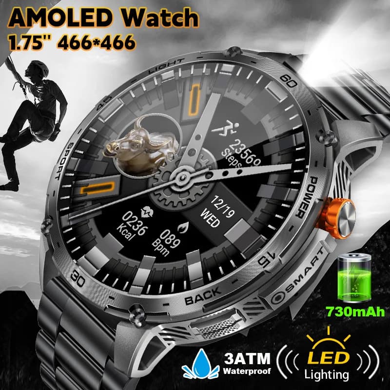LIGE 2025 Nuovo AMOLED da 1.75 pollici Outdoor Men Smart Watch 3ATM Impermeabile 730mAh Batteria LED Torcia Bluetooth Chiamata Smartwatch