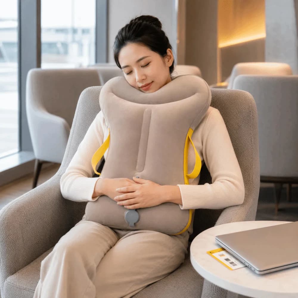 Portable Inflatable Travel Pillow Lightweight Ergonomic Support Sleeping Pillow Press-to-Inflate Upright Backrest