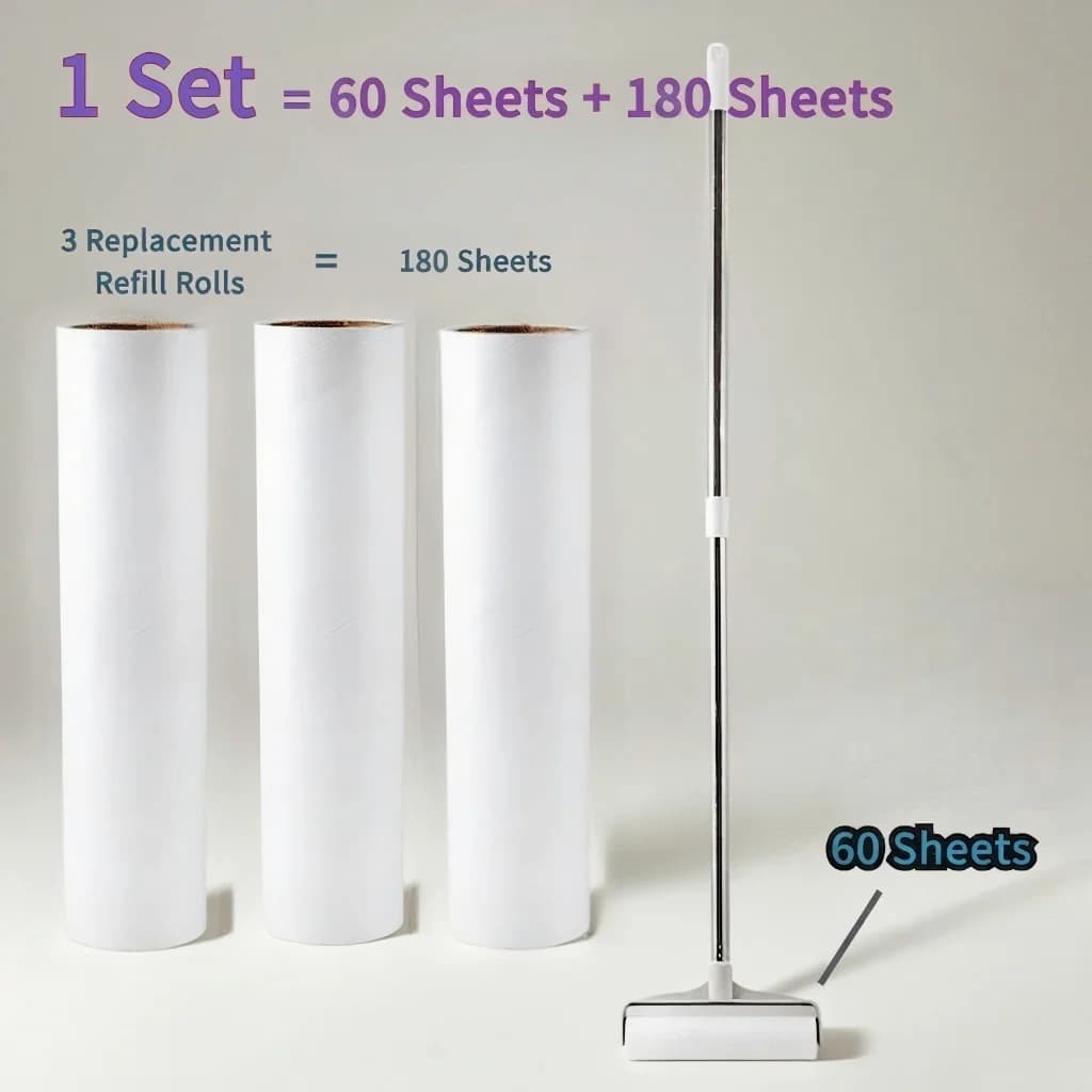 1 Set( 3 Rolls of Replacement Sticky Paper Refills + 1 Long-Handled Lint Roller). Equipped with a 16/19/24cm Widened Roller
