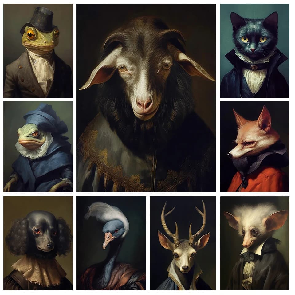 (No frame)Vintage Gothic Victorian Animals Meme Portrait Witchy Poster Canvas Painting Wall Art Pictures Halloween Spooky Hom