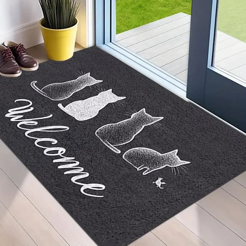 Minimalist Cat Silhouette Doormat White Feline Line Art Non Slip Entry Rug For Pet Lover Home And Modern Entryway Decor
