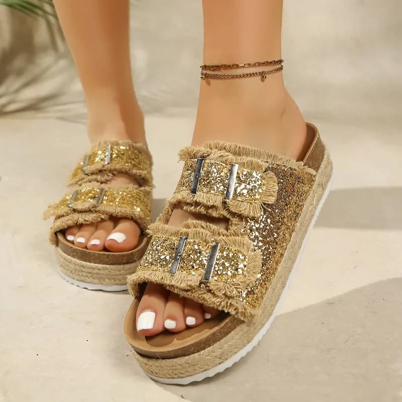 New Women Slippers Trendy Sequin Decoration Casual Double Buckle Strap Sandals Platform Outdoor Fashion Summer Female Shoes