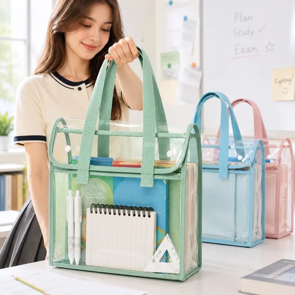 Portable Transparent File Storage Bag Waterproof PVC Document Folder Large Capacity Expandable Handheld Pouch Office Use