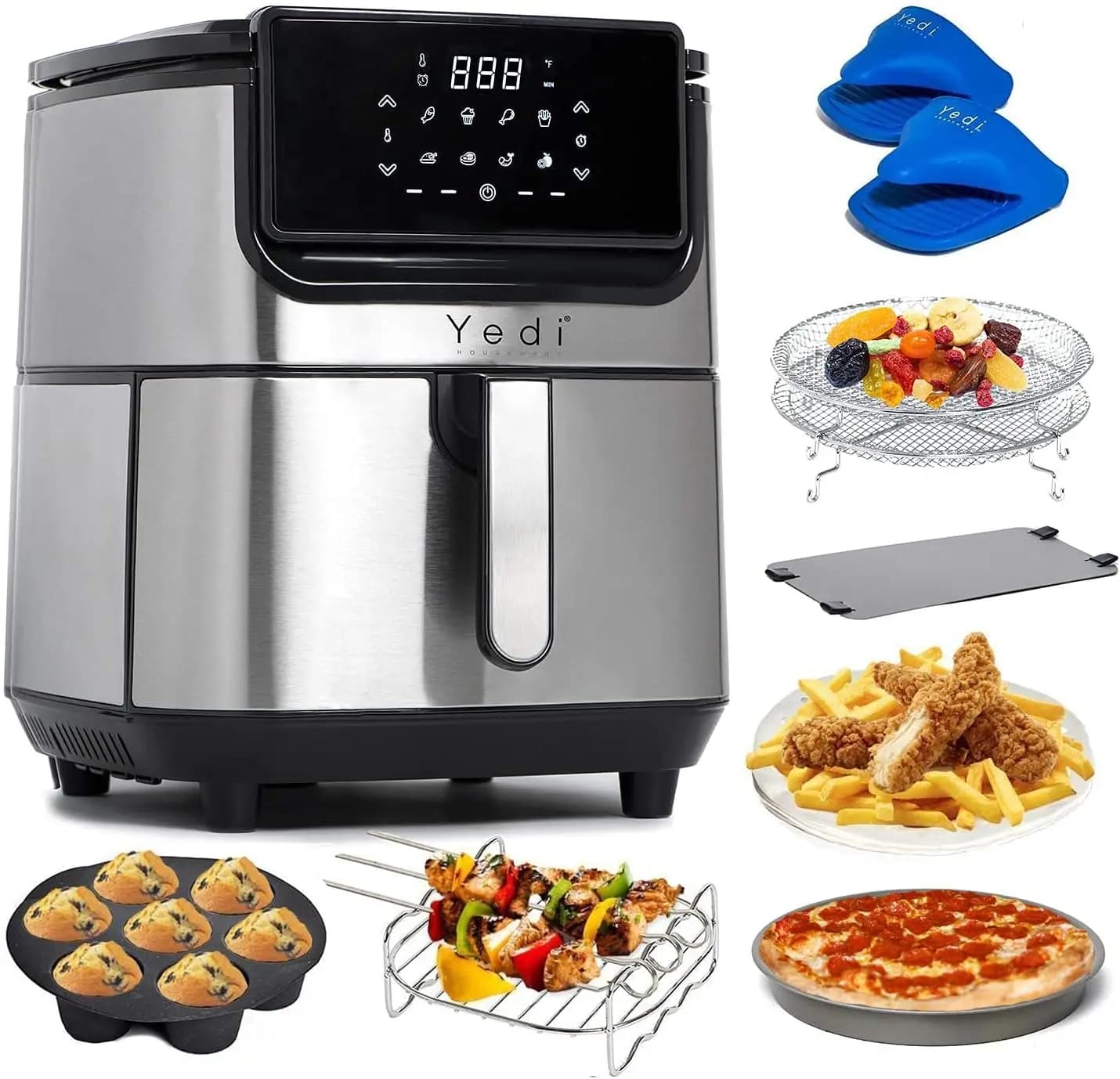 Friggitrice ad aria Yedi Evolution, 6,8 litri, finitura in acciaio inossidabile, cestello di cottura in ceramica, con kit di accessori deluxe e ricettario