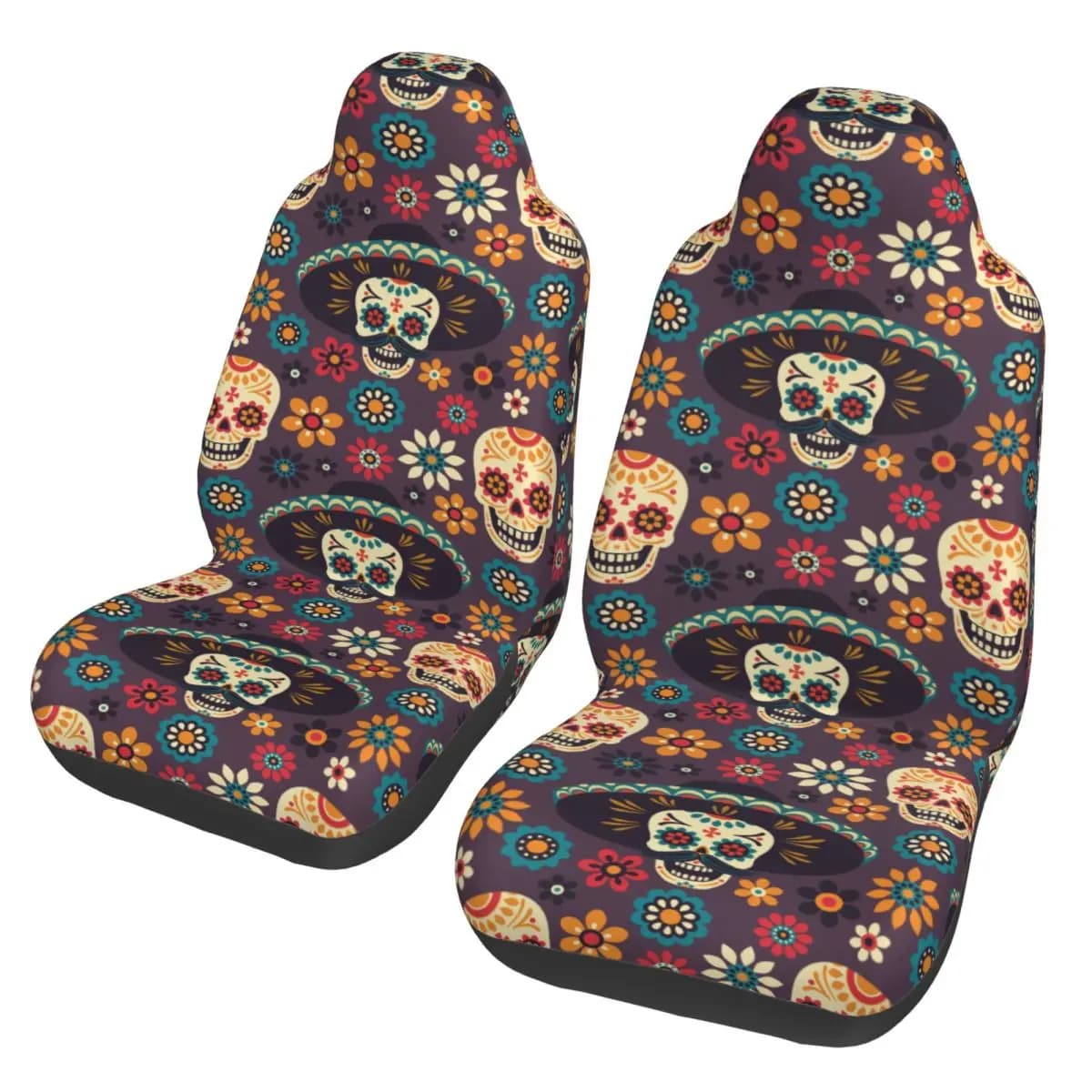 Universal Car Seat Cover with Motive Sugar and Floral Skull, for Offroad, Travel, Death Day, Halloween, Hunting