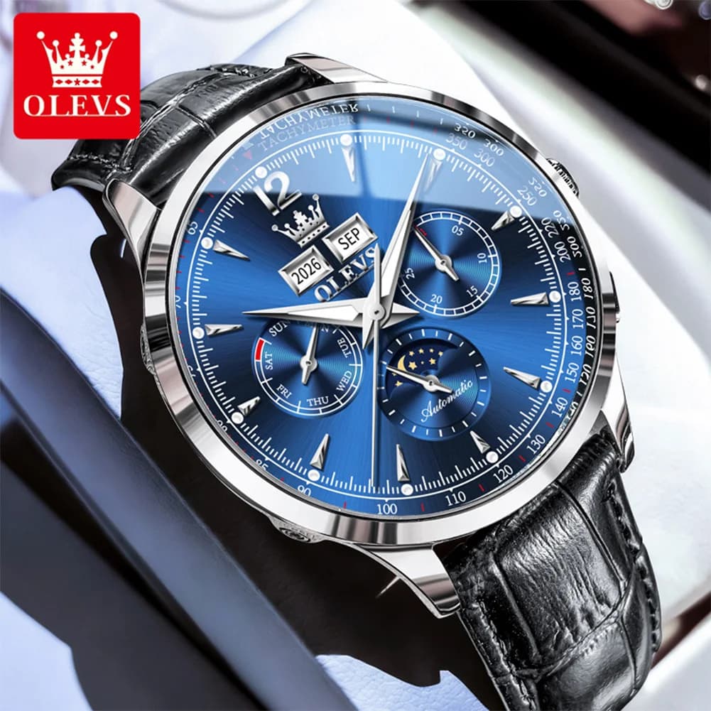 OLEVS 7128 Orologio da uomo meccanico automatico multifunzione con data, fasi lunari, impermeabile, da polso.