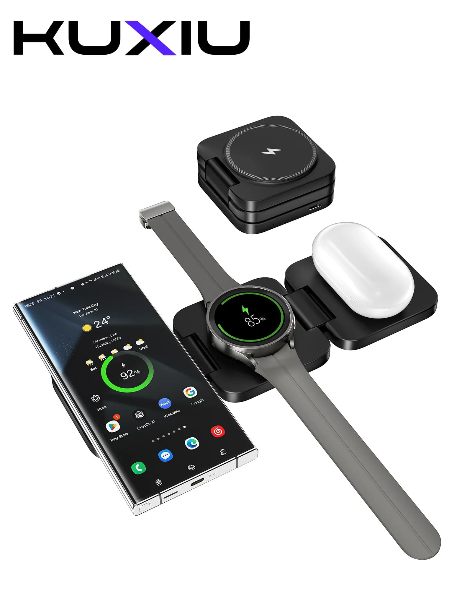 Wireless 3 in 1 charging station for Samsung Galaxy S24 Ultra S23 S22 Note 20 Z Fold Flip 6 5, Galaxy Watch Ultra 7 6 5, Buds