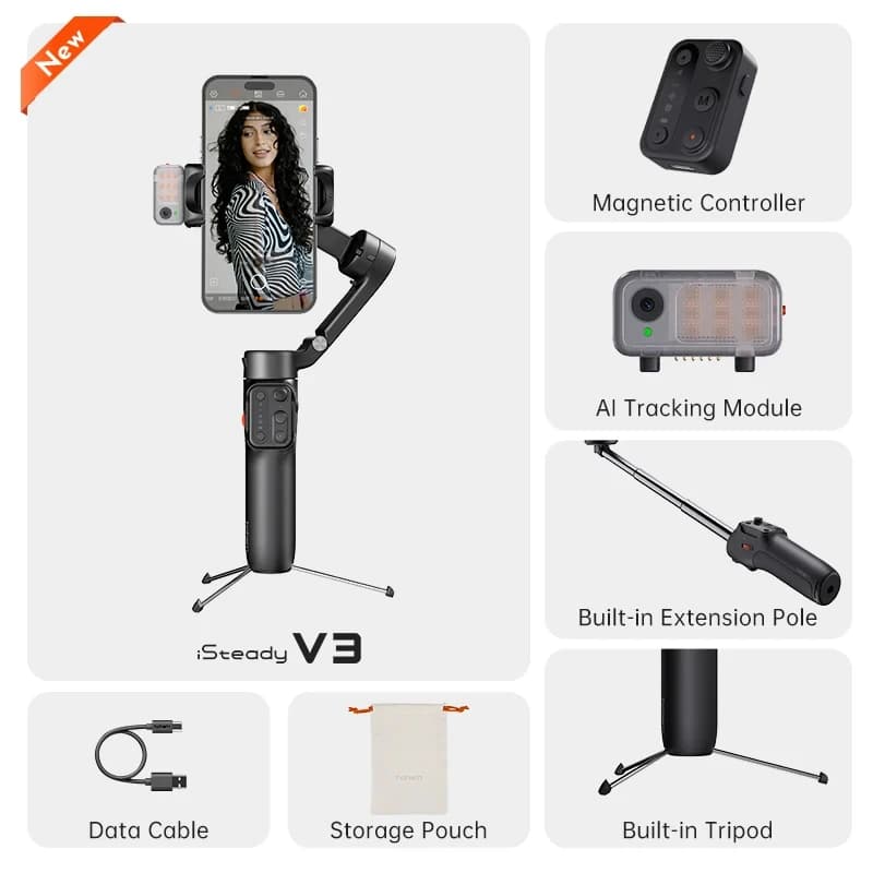 Spedizione dagli USA: Stabilizzatore Gimbal Portatile a 3 Assi Hohem V3 con Tracciamento Facciale AI e Bastone Selfie Integrato per iPhone 17