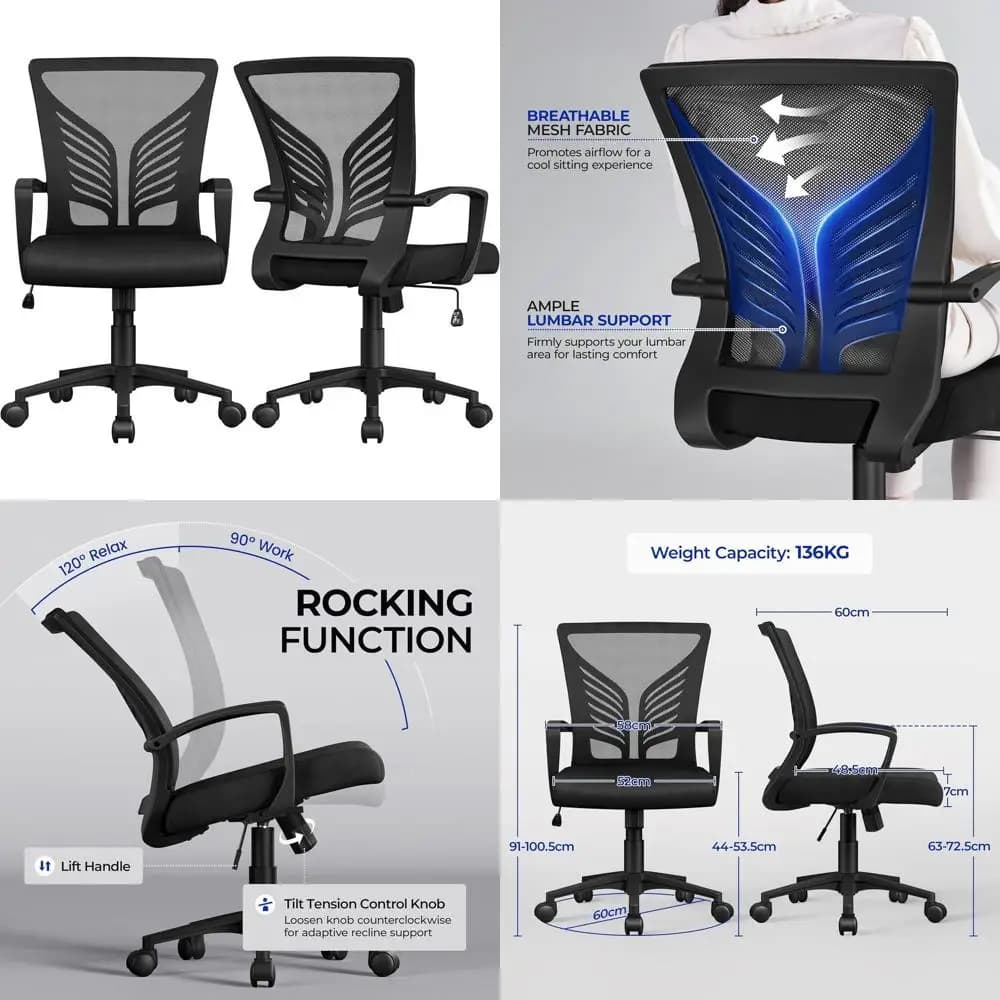 Sedia da ufficio girevole ergonomica, sedia da scrivania regolabile con rotelle per gaming, casa e lavoro (Nero, Set da 2)