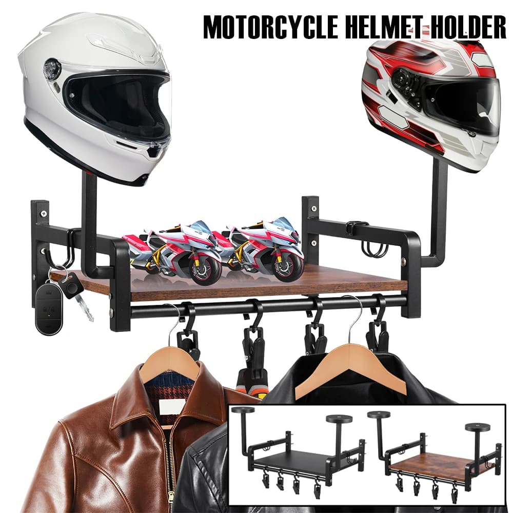 Supporto per Casco da Moto in Legno da Parete con 4 Clip e 2 Ganci, Espositore Multifunzione per Caschi e Abbigliamento da Moto