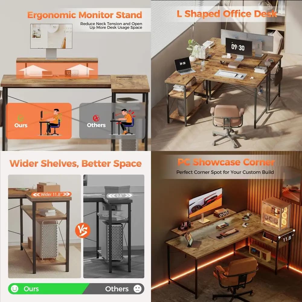 Reversible L Gaming Desk with Storage and Monitor Support, Perfect for Studio and Writing