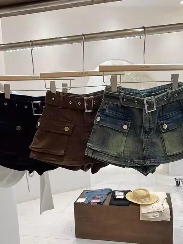 Retro American Large Pocket Design Belted Skirt Pants Denim Skirt Trendy High Waist Wide Leg Jeans Short Pants Button Closure