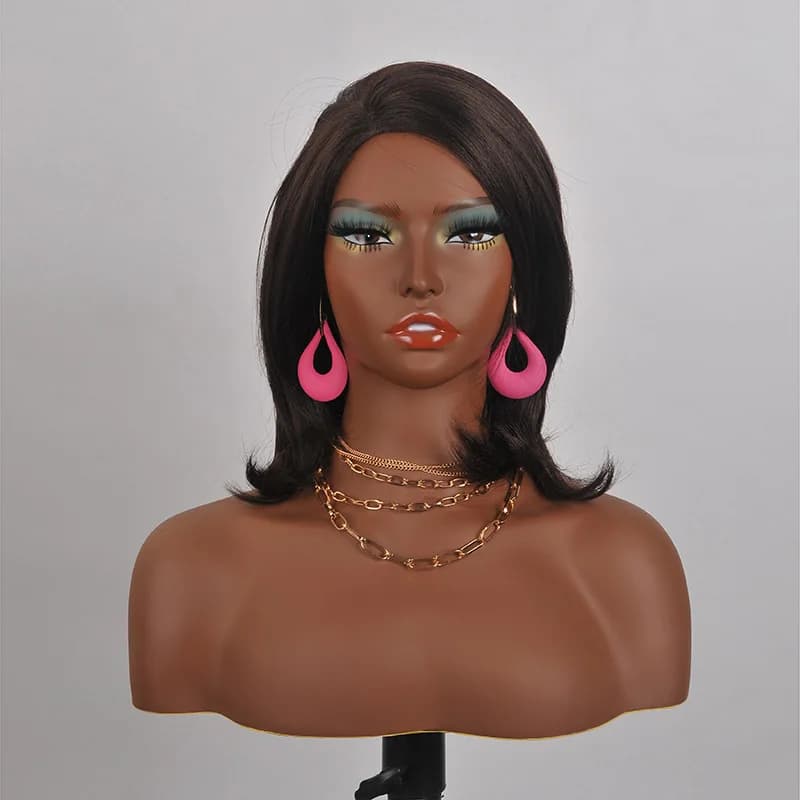 Realistic Black Skin Mannequin Head with Shoulders, Female Bust Display Model for Wig Necklace Earring Showing with Mount Hole