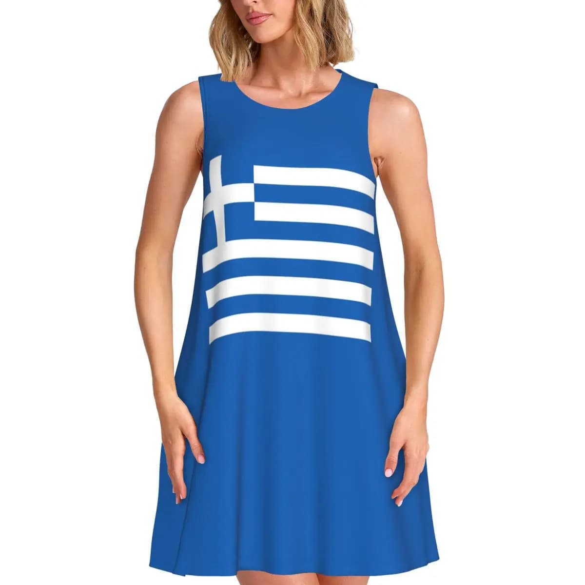 Abito estivo da donna con bandiera della Grecia, elegante, senza maniche, girocollo, vestito ampio, stile street.