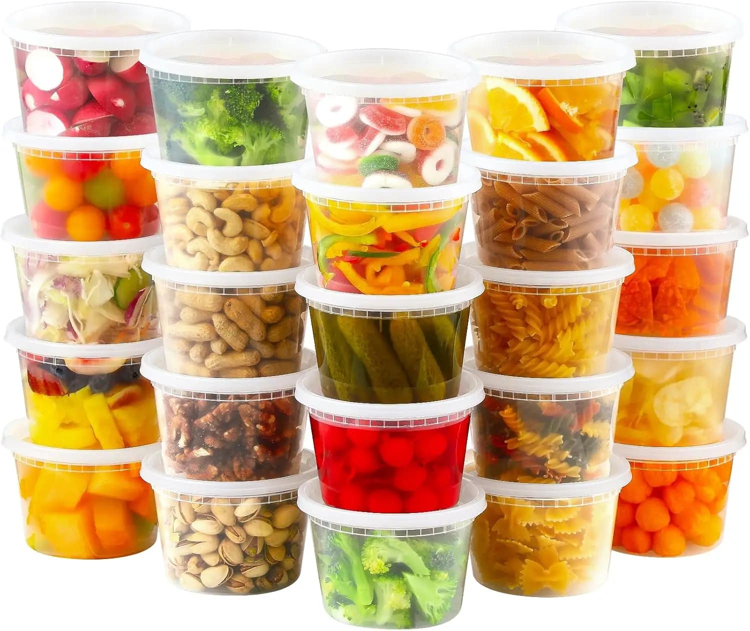 Confezione da 24 Contenitori in Plastica da 16 oz con Coperchi, Ermetici, Antiperdita, Adatti per Microonde/Lavastoviglie/Congelatore, per Preparazione Pasti e Asporto
