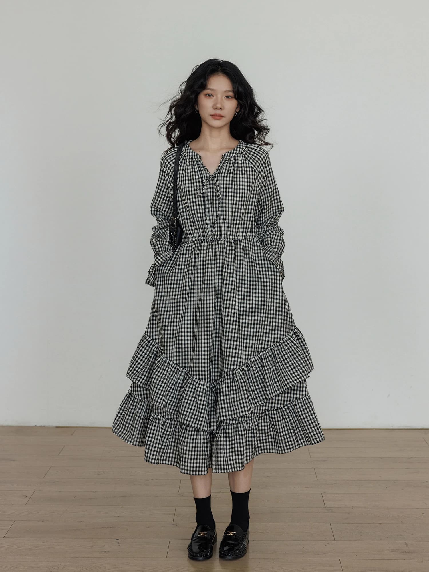 Vastand Abito Casual Primaverile con Scollo a V a Quadri a Maniche Lunghe da Donna, Vestito a Vita Alta in Cotone con Gonna a Trapezio, Abiti per il Pendolarismo Urbano