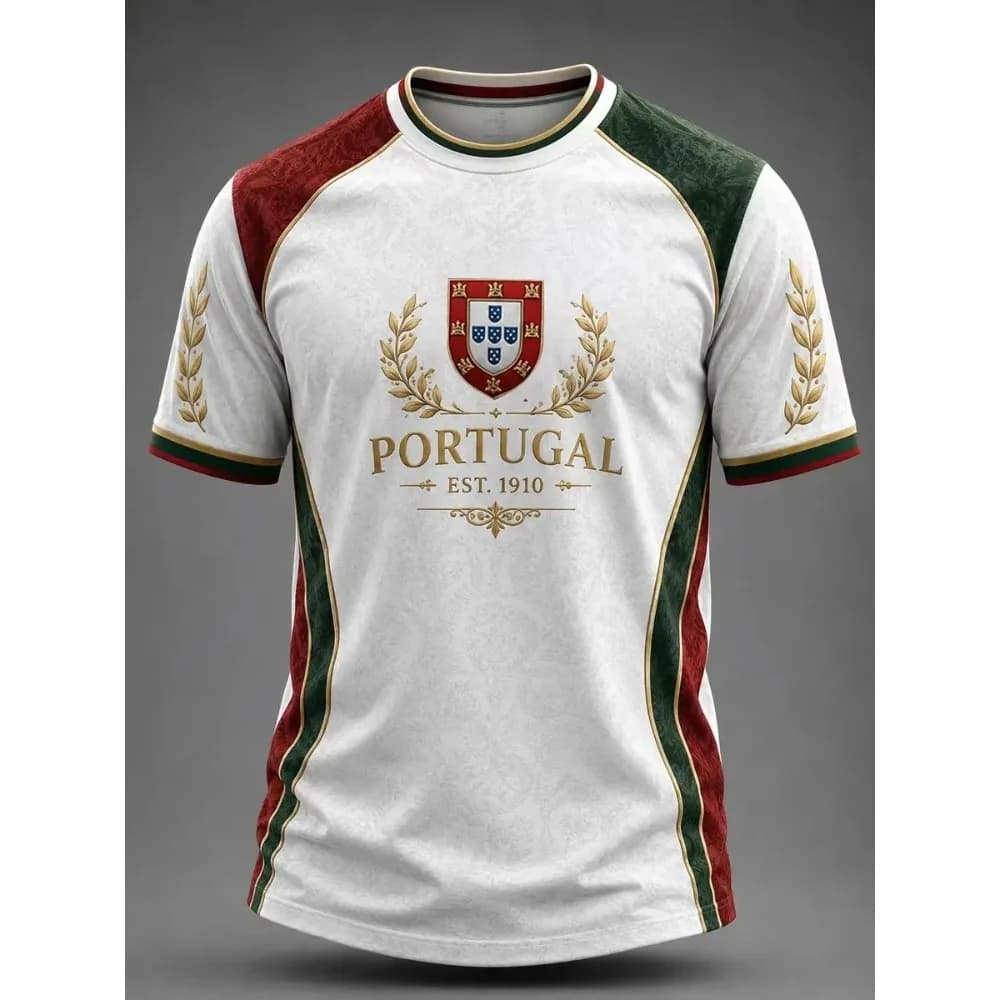 2026 Summer Portugal Soccer Jersey White Crew Neck 3D Print 1910 Green Red Trim Decor Fan Football Breathable Fashion Shirt
