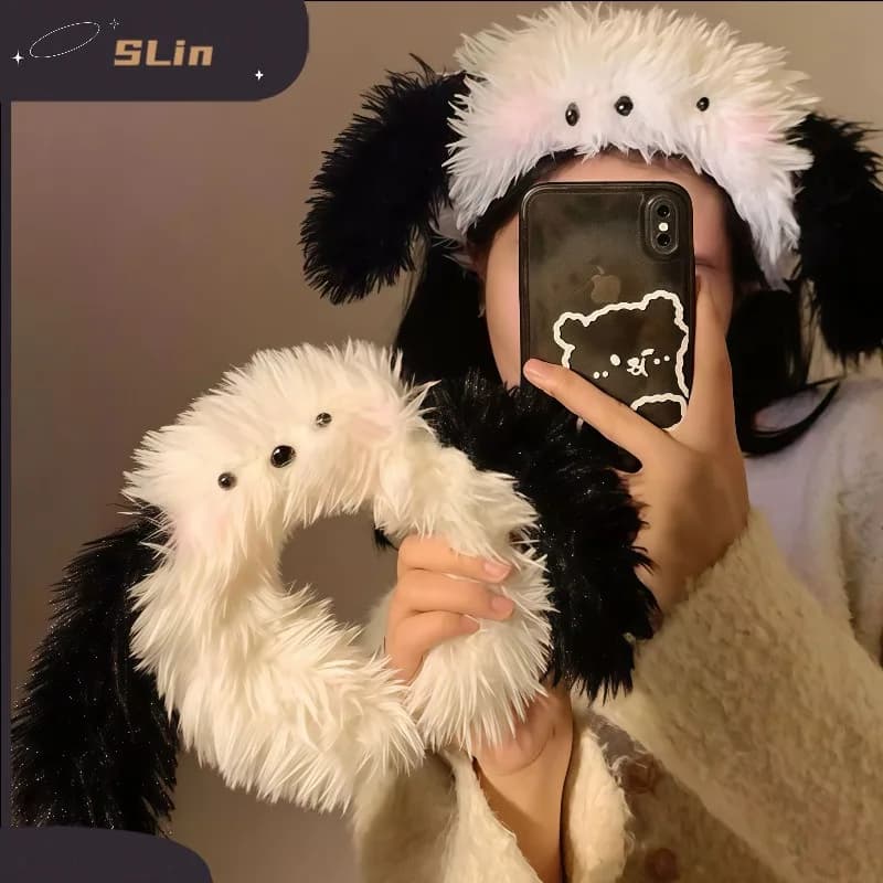 Fascia per capelli in peluche morbida ed elastica con simpatico cucciolo dei cartoni animati, antiscivolo, per lavaggio viso, spa, trucco, per donne e ragazze, per la cura della pelle e la doccia