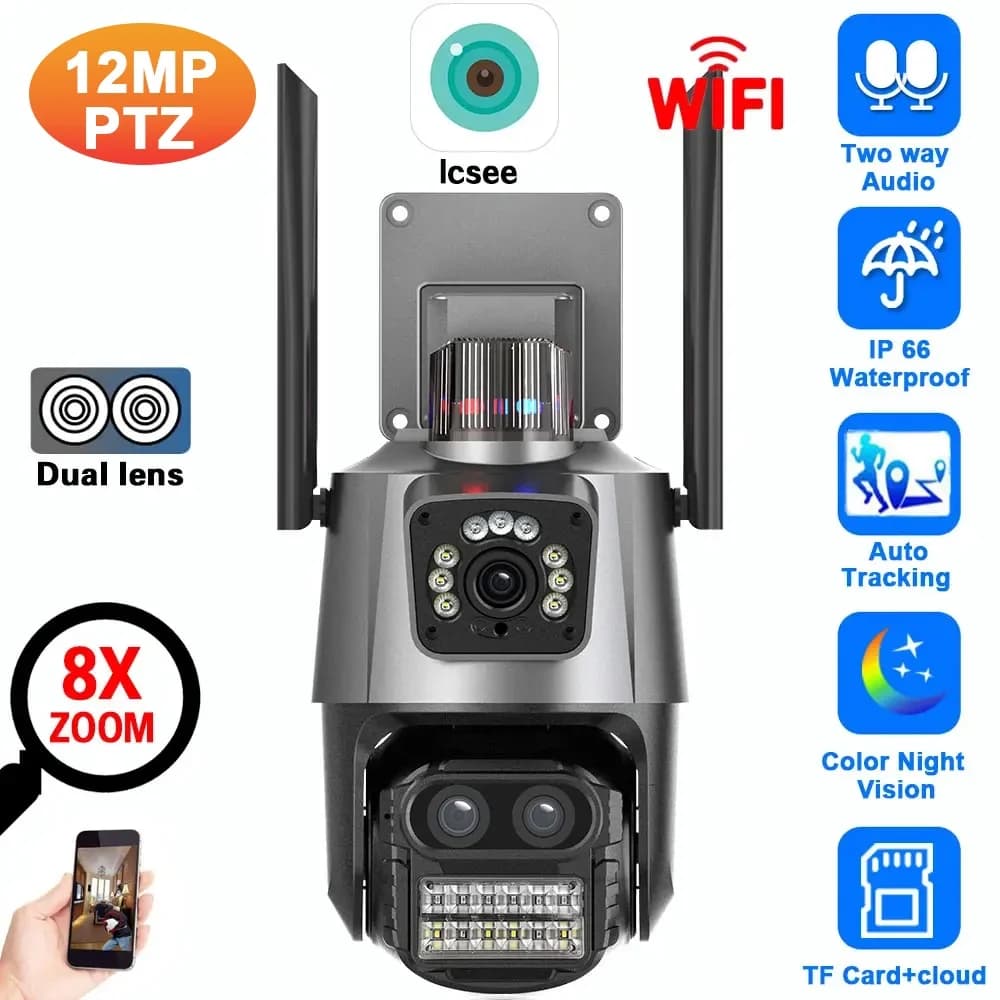 Telecamera di sicurezza IP Wifi 12MP 4K Doppia lente esterna Zoom 8X Tracciamento automatico PTZ Telecamera di sorveglianza CCTV wireless ICSEE Audio bidirezionale