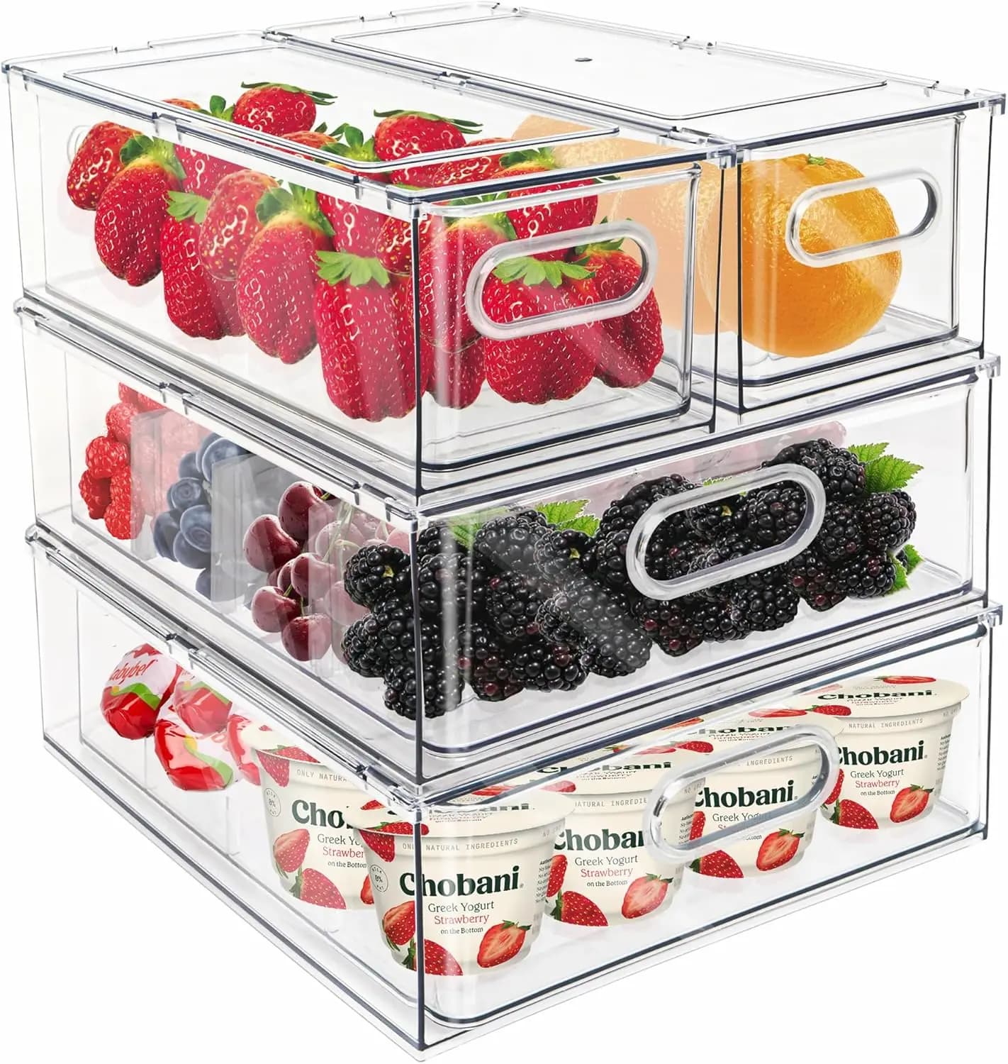 Cassetti Impilabili Trasparenti per Frigorifero con Maniglie - Set da 4 Organizzatori per Alimenti per Cucina e Dispensa