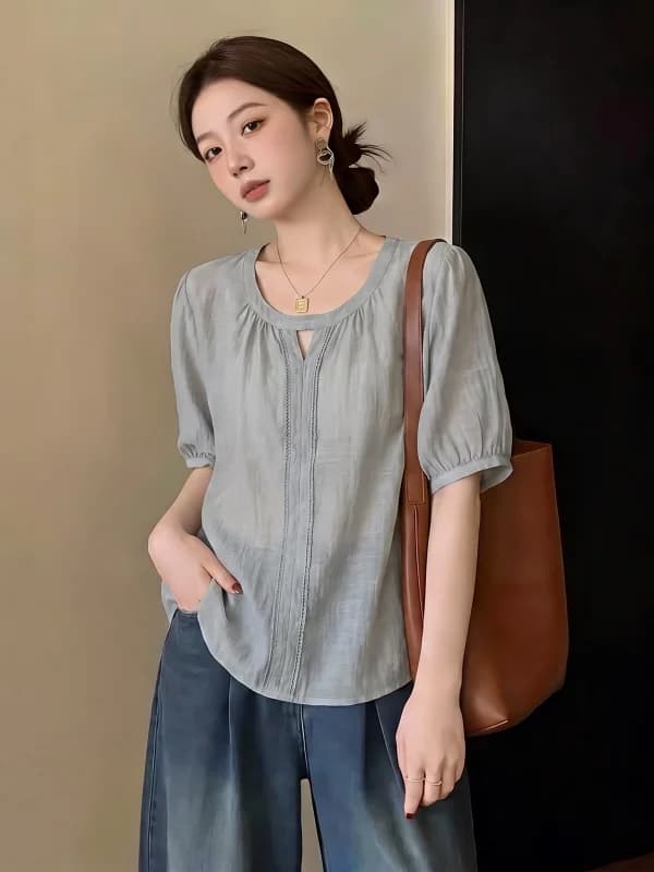 Slim Fit Cotton Linen Short Sleeve Shirt Women's Shoulder Width Regular Thickness Summer New Style plus Size Conceal Belly Top