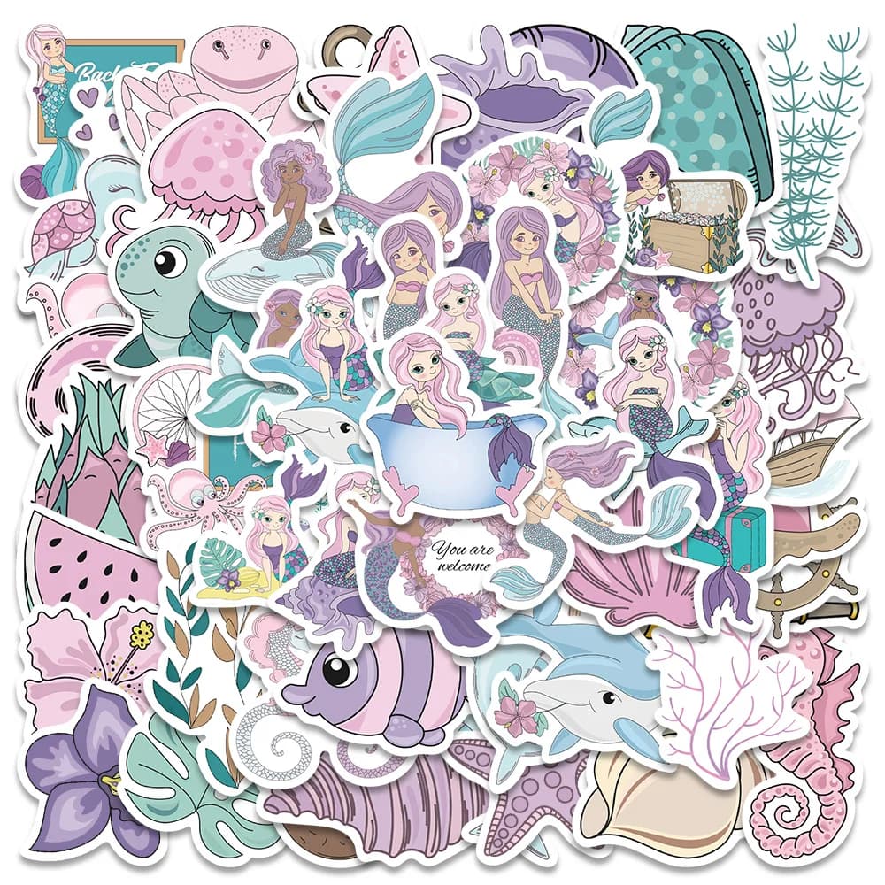 56 pz rosa Kawaii sirena ragazza simpatici adesivi Skateboard Notebook frigorifero telefono chitarra bagagli decalcomania adesivo giocattolo per bambini