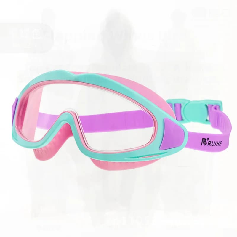 Swimwear with large frame for children, waterproof, anti-fog, HD, transparent, single-piece silicone, for training in blue and